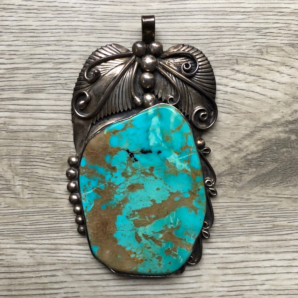 HUGE Vintage Navajo Kingman Turquoise 925 Sterling Silver Pendant Statemnt Piece